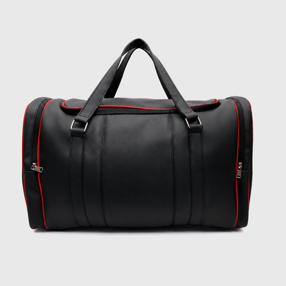 Front view of VORTEX premium black gym and travel duffle bag