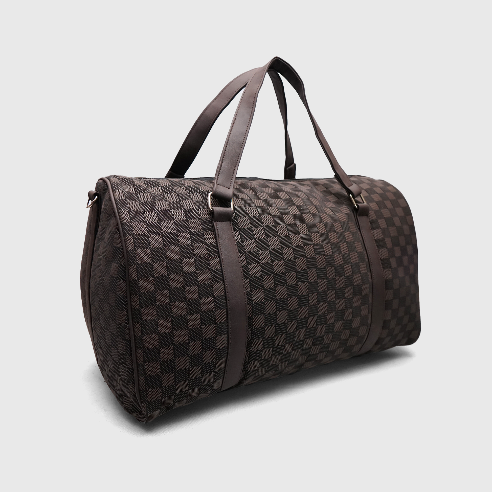 Luxury brown checkered LV duffle bag with premium rexine straps and travel design