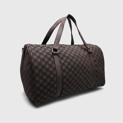 Luxury brown checkered LV duffle bag with premium rexine straps and travel design
