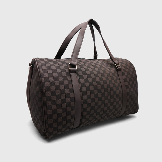 Luxury brown checkered LV duffle bag with premium rexine straps and travel design