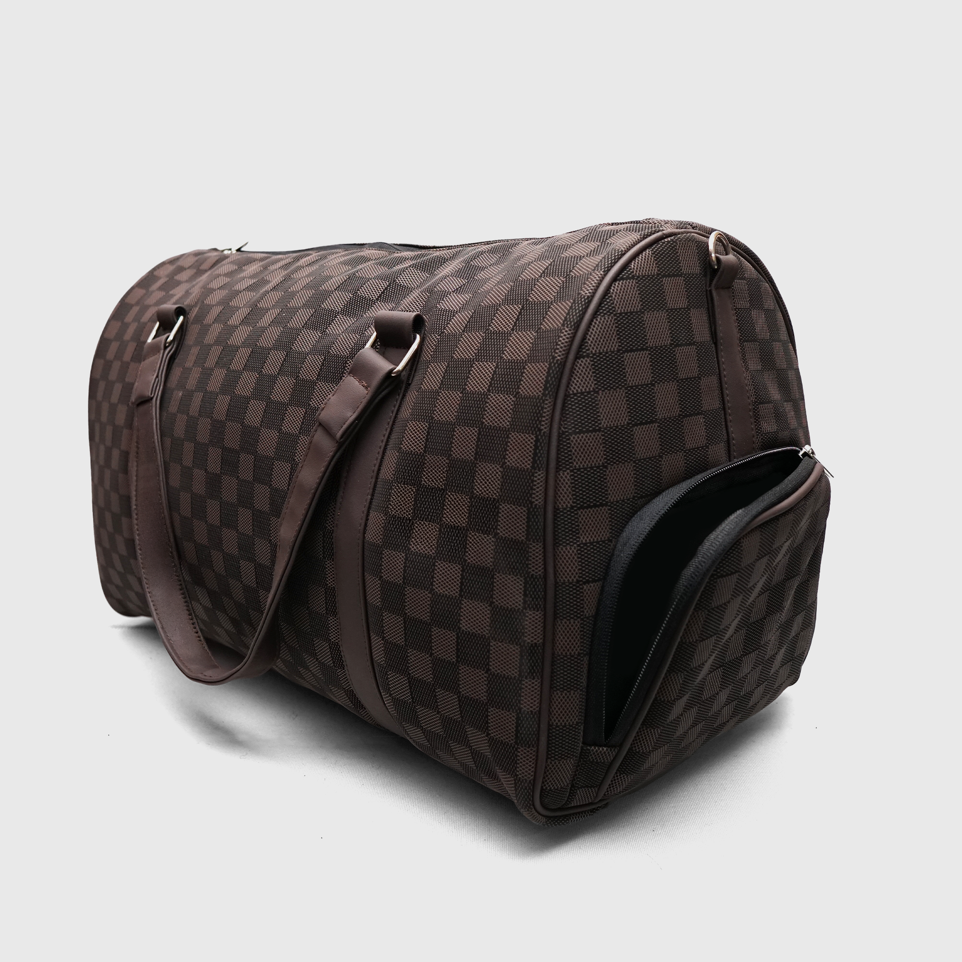 Premium brown LV duffle bag showcasing spacious cylindrical design