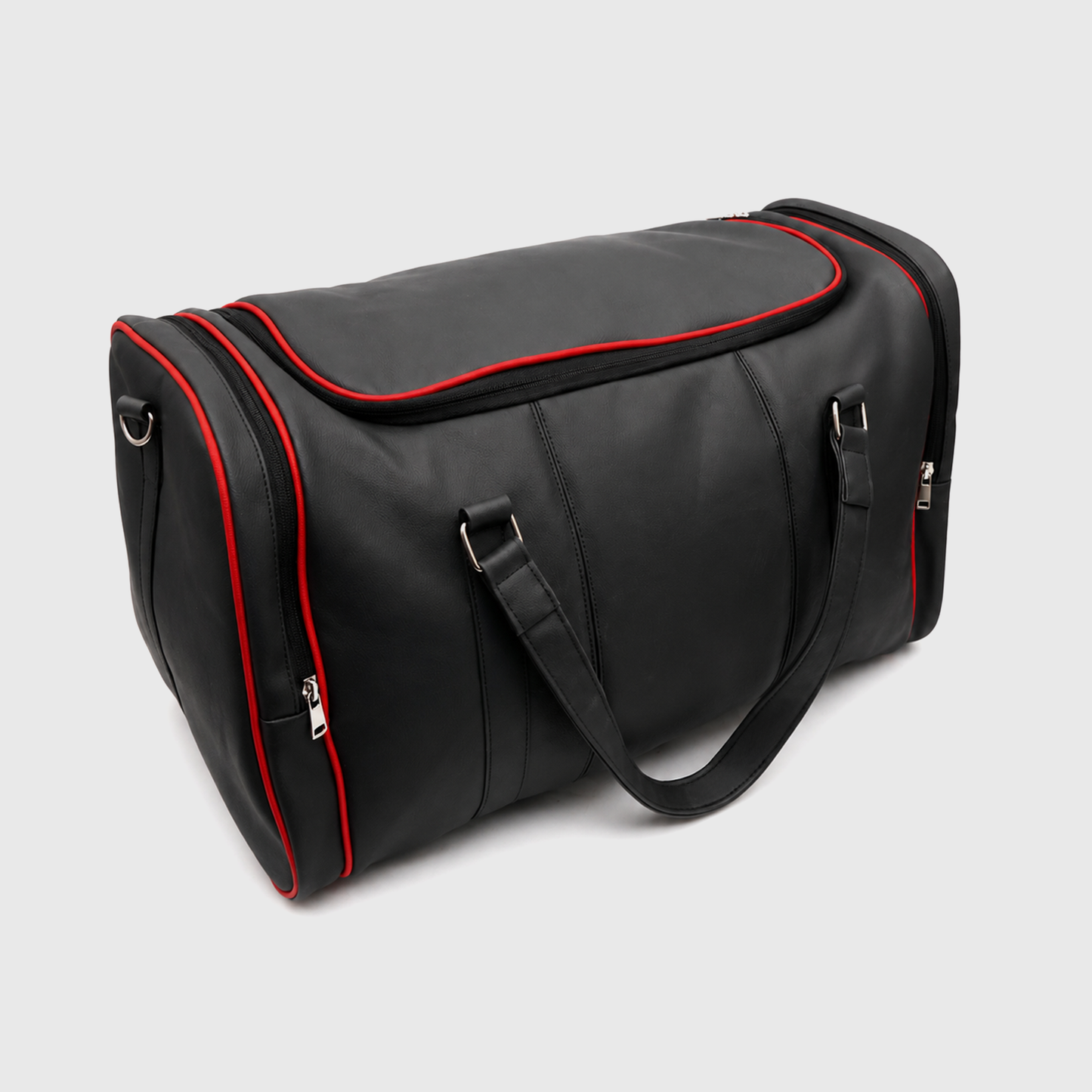 Side angle of VORTEX sports duffle bag with dual compartment design