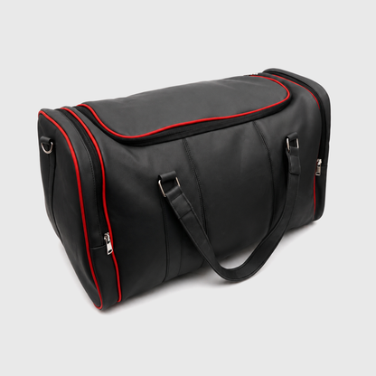 Side angle of VORTEX sports duffle bag with dual compartment design