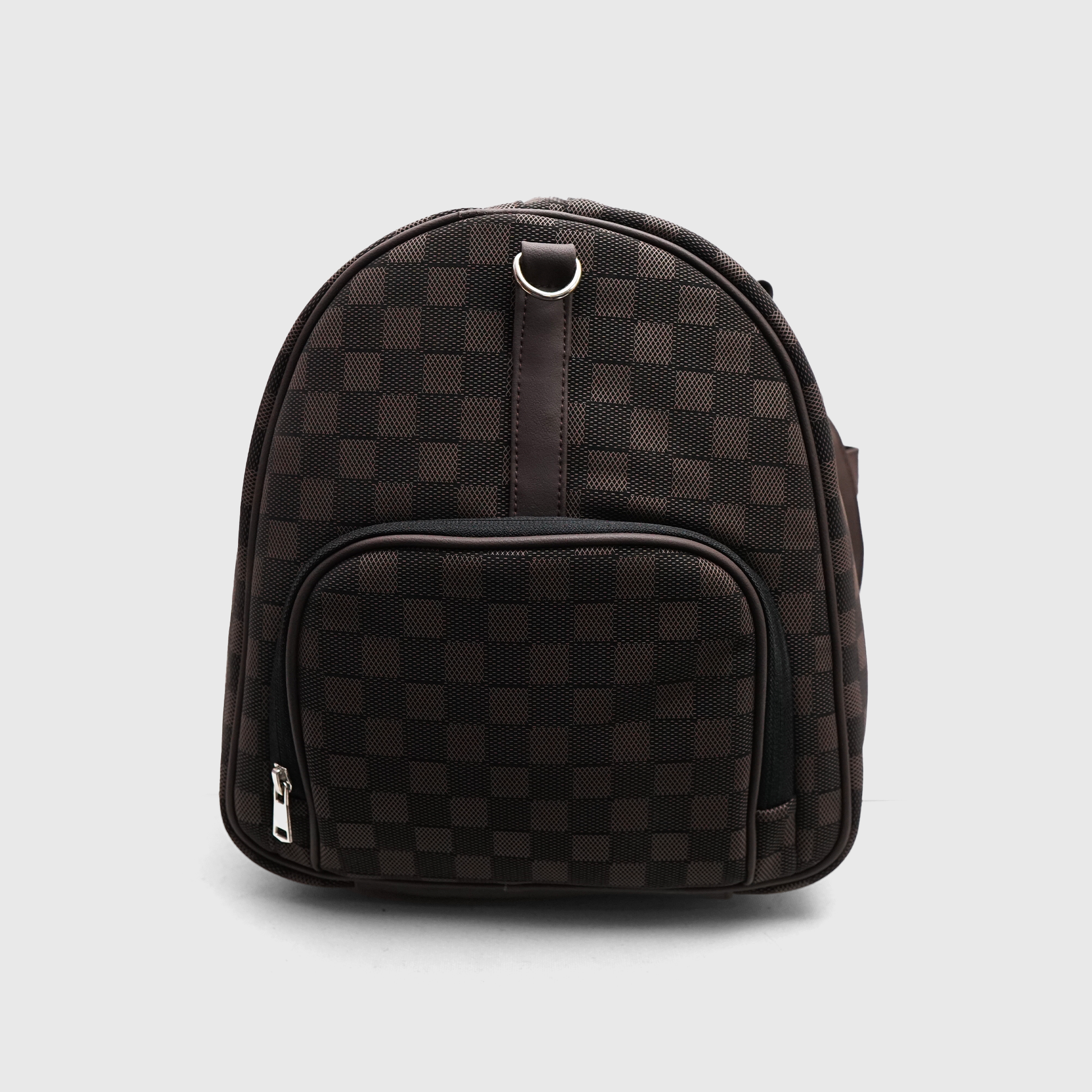 Side view of LV checkered travel duffle bag with front zip pocket