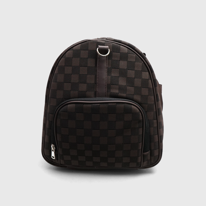 Side view of LV checkered travel duffle bag with front zip pocket