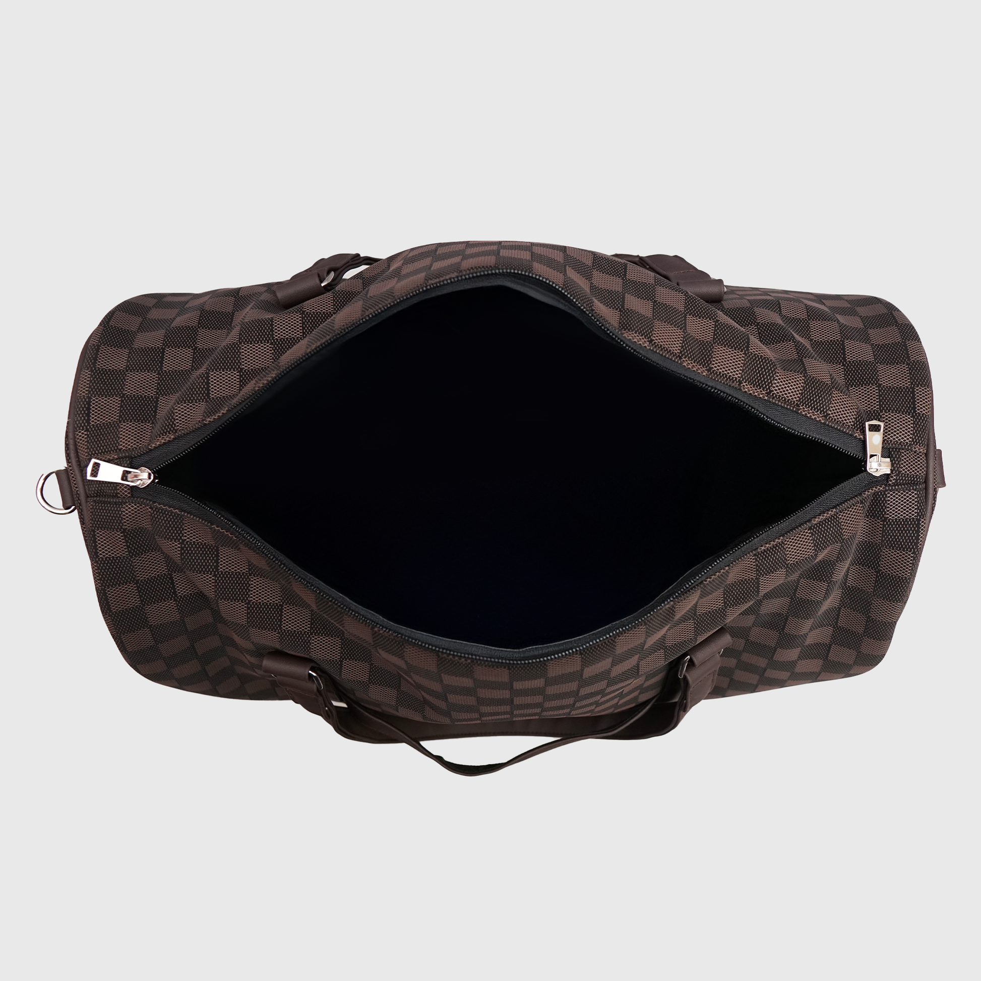 Top view of LV checkered duffle bag with large storage compartment