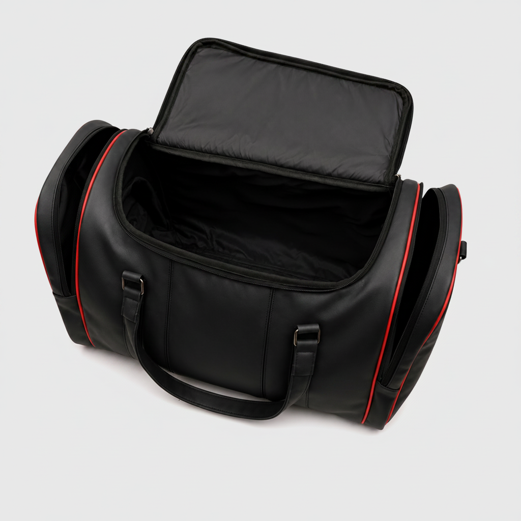 VORTEX black rexine sports duffle bag with spacious storage and red detailing