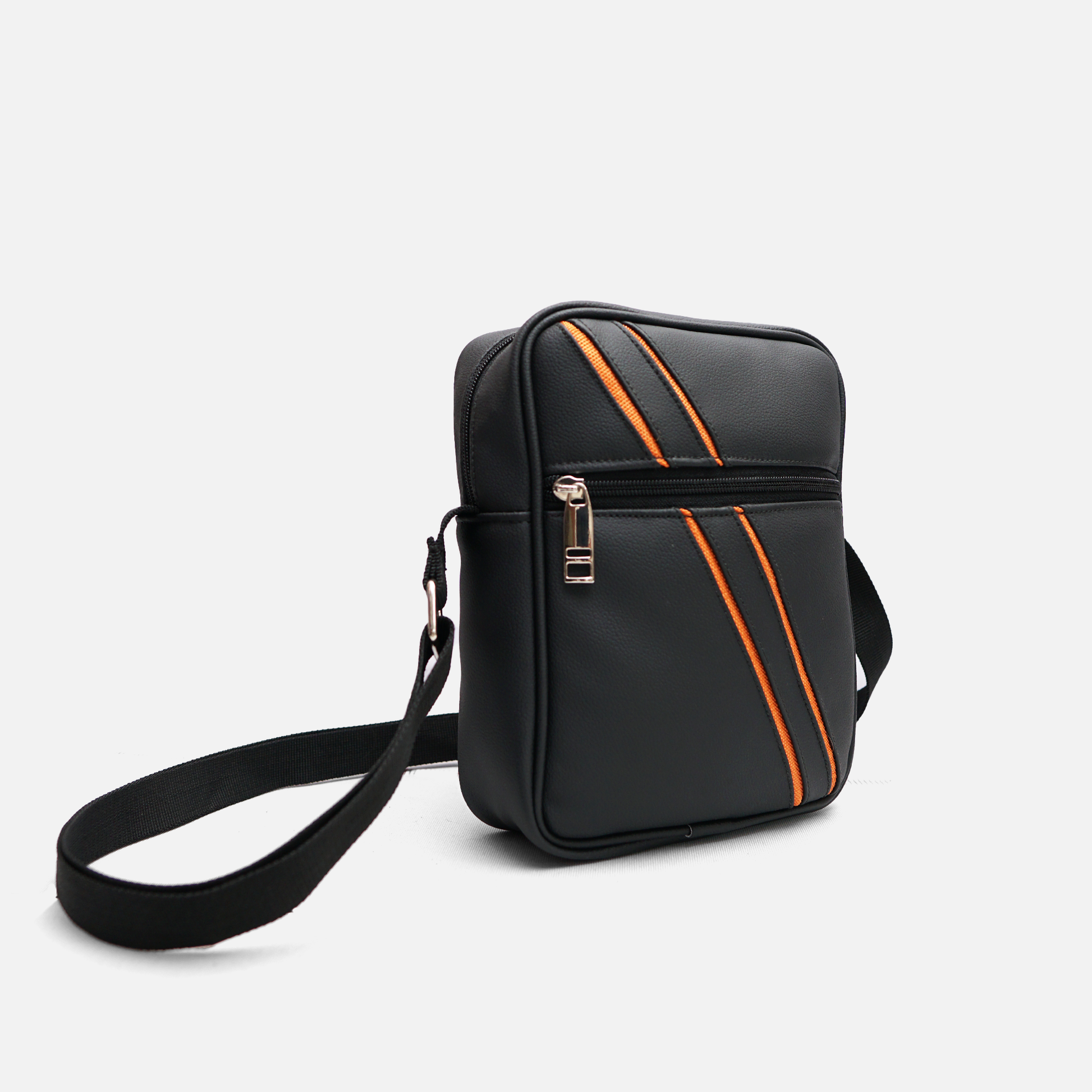 black crossbody bag with orange stripe design front zipper pocket stylish sling bag